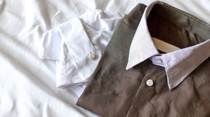 Close-up of two folded button-down shirts on a rumpled white bedsheet