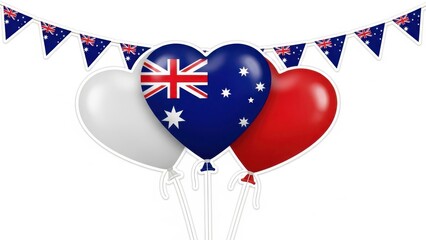 Heart-shaped balloons with the Australian flag and national colors decorated with festive bunting, celebrating Australia Day and patriotic events