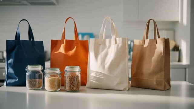 Assortment of Reusable Shopping Bags and Glass Jars Filled with Grains reusable bags tote bags
