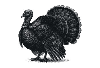 Detailed engraving of a turkey, perfect for Thanksgiving designs and vintage-themed projects &mdash; stock illustration.