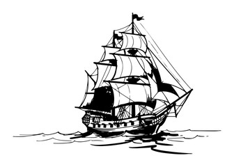 historic sailing ship on ocean waves vector shape silhouette