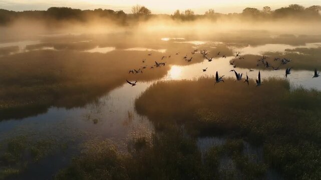 Flock of birds flying over a misty wetland at sunrise marsh