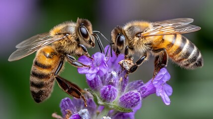 Close-up of two honeybees interacting on a lavender flower, showcasing detail