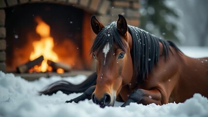 A horse lying down near a cozy fireplace on a snowy day, perfect for winter or holiday themes
