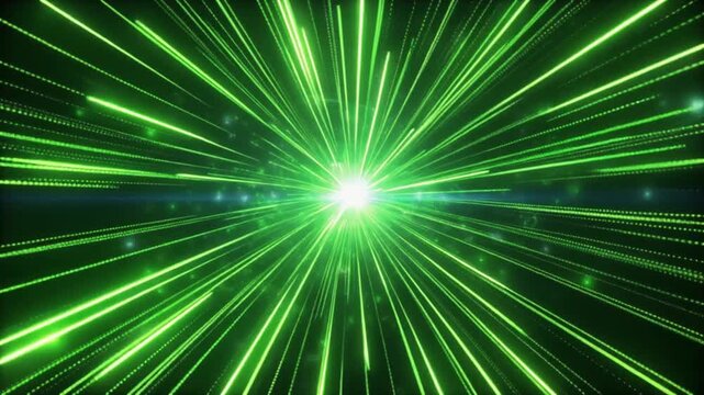Green Light Streaks Radiating from a Bright Center in a Starburst Effect abstract background