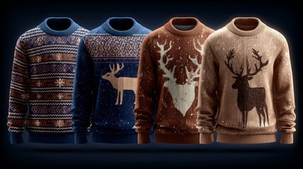 Four holiday sweaters, each with a unique design featuring patterns and a reindeer motif