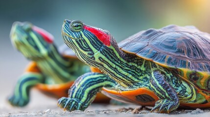 Close-up of two turtles with bright red markings near their eyes, outdoors
