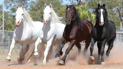 Four horses of varying colors gallop across a dusty field in an open, sunlit outdoor space