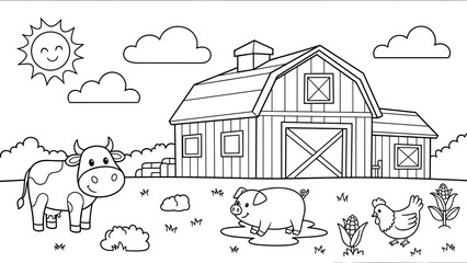 Naklejka premium Farmyard scene with cow, pig, and chicken in black and white cartoon style