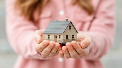 Miniature house held in hands. The concept of buying a house, real estate.