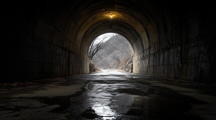 Naklejka premium A tunnel is shown with a bright light at one end. The ground is wet and reflects the surroundings. Bare trees line the rocky pathway outside. This scene is captured in winter.