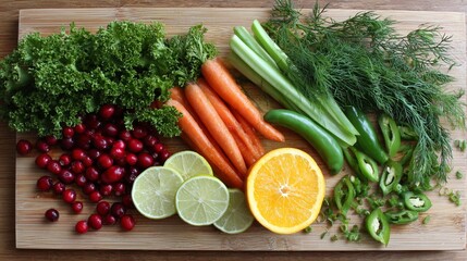 Freshly prepared ingredients, including vegetables, citrus fruits, and berries, arranged