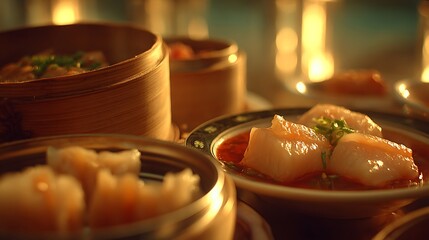 Close-up of various Asian cuisine dishes in dim lighting, showcasing dumplings and containers