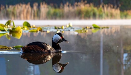Bird on calm water, sunrise reflection