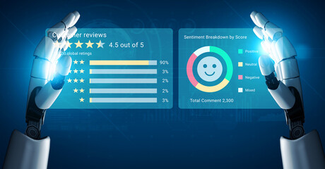 Robotic hands gracefully present customer reviews and sentiment analysis, illustrating advanced technology in evaluating user experiences and feedback trends. Gantry