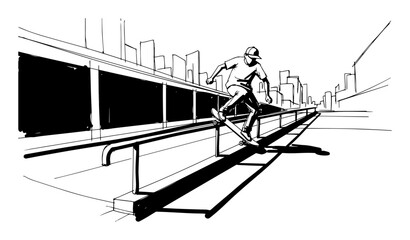 skateboarder grinding rail in city extreme sport vector silhouette © Mago