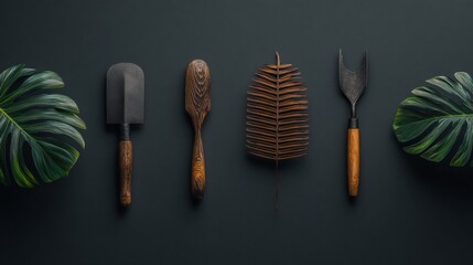 Garden tools and fern frond arranged on dark surface with large monstera leaves
