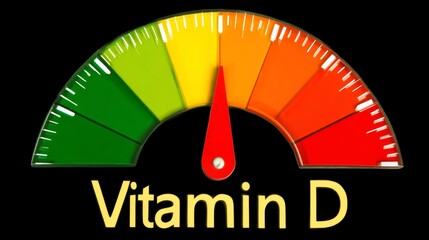 Gauge illustrating vitamin D levels, ranging from green (good) to red (poor). Black backdrop