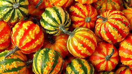Close-up of various small pumpkins showing vibrant color patterns and textures