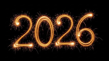 Glowing sparkler light forming the 2026 new year celebration number on a dark black background with festive golden illumination