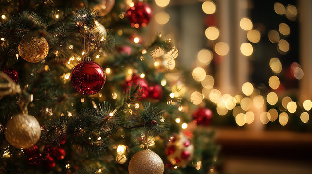 Christmas tree with red and gold decorations and a warm festive bokeh effect. A warm and festive close-up of a decorated Christmas tree with red, gold decorations, glowing garlands,a soft golden boken