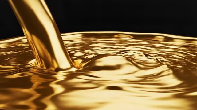 Pouring liquid gold metal flowing into a reflective surface