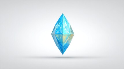 Geometric stylized, vibrant crystal object in blue and yellow hues, floating on a white backdrop