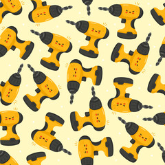 Yellow cartoon drill tools seamless pattern background