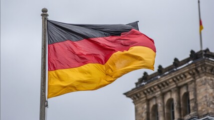 German flag waving proudly in front of a building's partial facade, cloudy sky background
