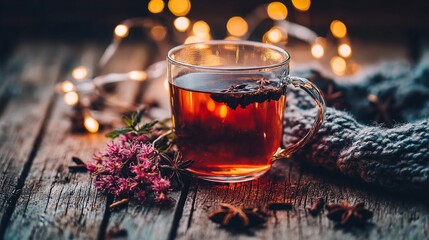 Glass cup of warm tea sits on weathered wood with twinkling lights & a knitted scarf