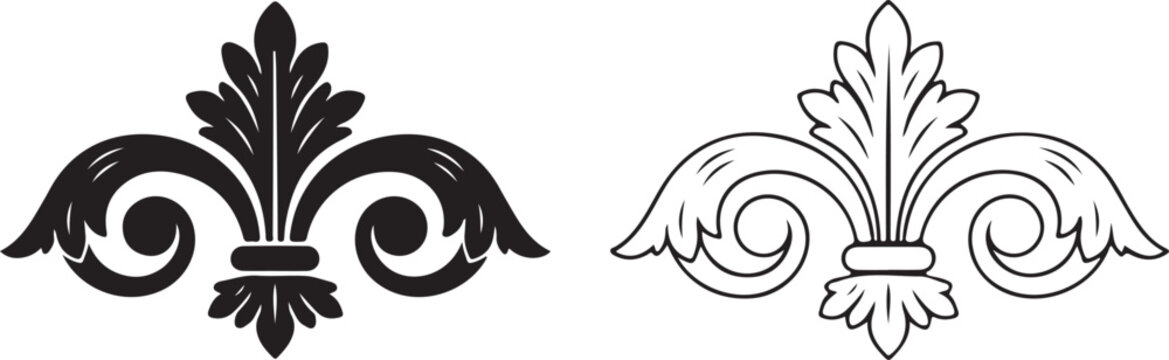 Classic ornamental fleur-de-lis and acanthus scroll element set. elegant vintage heraldic decorative vector illustration.