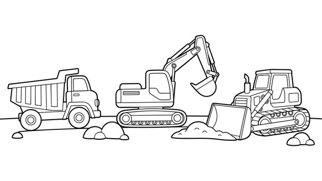 Construction equipment line art: excavator, bulldozer, and dump truck