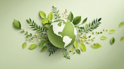 Globe Earth surrounded by vibrant green foliage on a pale green background