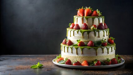 Stunning three tier strawberry matcha cake ready for elegant celebration moments