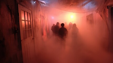 A group of people walks through a fog filled hallway. Red and orange lights create shadows on the walls adding to the spooky atmosphere of the event.