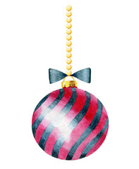 Watercolor holiday ornament.  Tree pink ornament with cute blue bow isolated on  white background. New years ball.