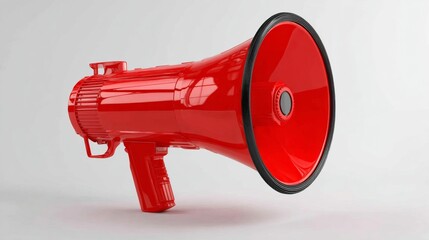 Glossy, bright red megaphone, angled slightly against a plain white backdrop