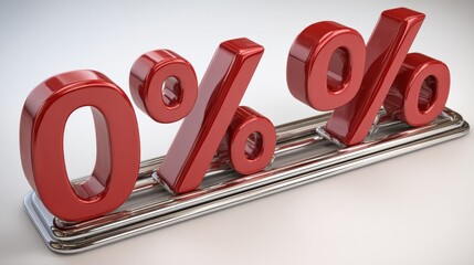 Glossy red "0%" percentage symbol, resting on a chrome bar, against a blurred white backdrop