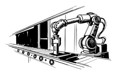 robotic arm industrial production line sketch vector