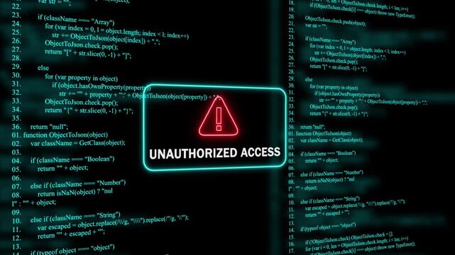 Red Exclamation Mark Warning Symbol unauthorized access Neon Sign on cyan Digital Code Background with Glitch Effect