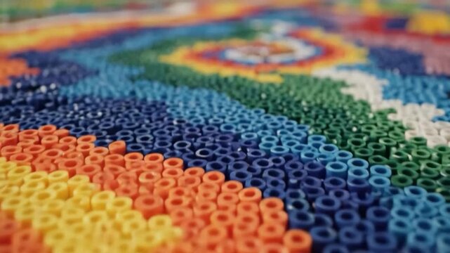 Closeup of a colorful perler bead creation showing wavy color patterns