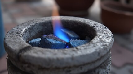Glowing blue flames emanate from charcoal pieces inside a weathered stone bowl, close-up