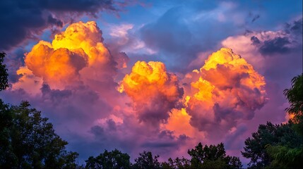 Glowing cumulonimbus clouds, vividly colored, framed by tree silhouettes, sunset backdrop