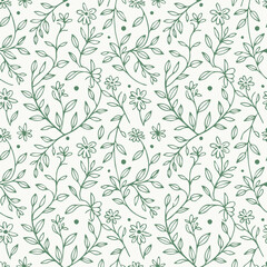 flower botanical line art seamless pattern with leaves and vines