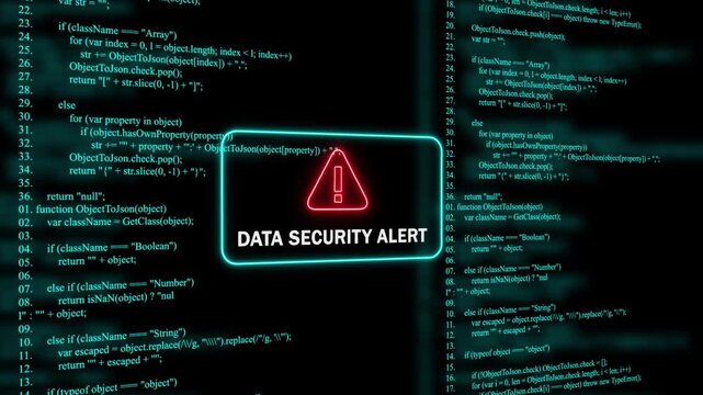 Red Exclamation Mark Warning Symbol data security alert Neon Sign on cyan Digital Code Background with Glitch Effect
