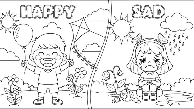 Happy and sad coloring page for kids: emotions and weather