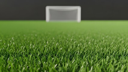 Green soccer field with a goal in the background, close-up shot