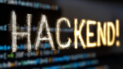 Glowing "HACKEND!" text over a blurred code background, suggesting a hacking theme