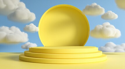 A yellow stage sits in front of a round backdrop against a blue sky. Fluffy clouds float above. This setting is ideal for announcements performances or presentations.