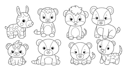 Fototapeta premium Cute cartoon baby animals outline set for kids coloring book